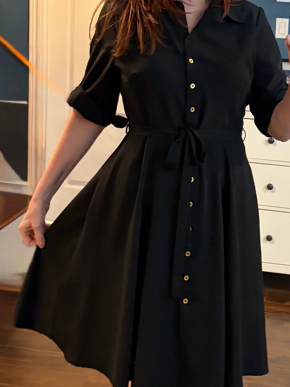 Sharagano Black Midi Shirt Dress with Gold Buttons